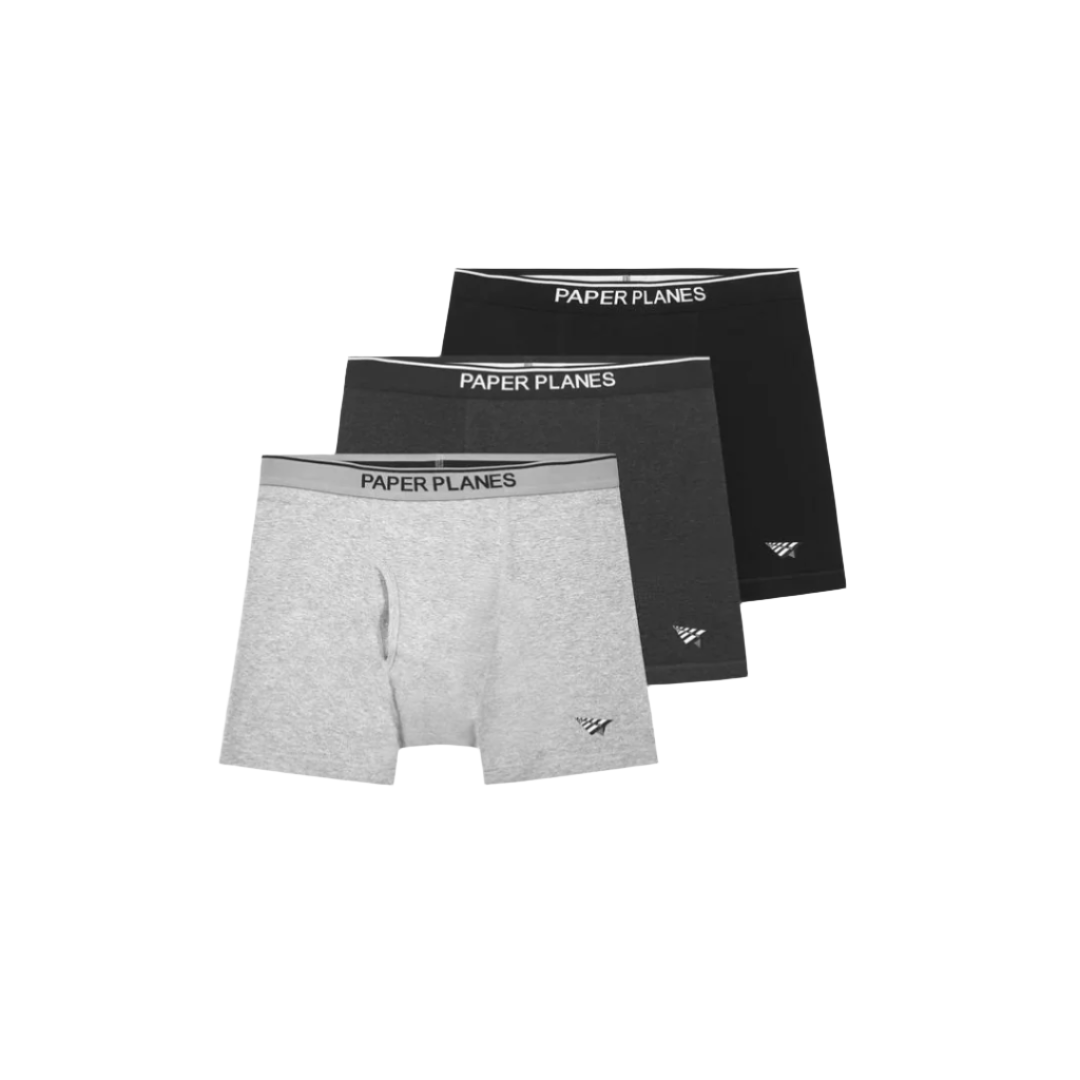 Paper Planes 3-Pack Classic Cotton Boxer Briefs - Greys/Black