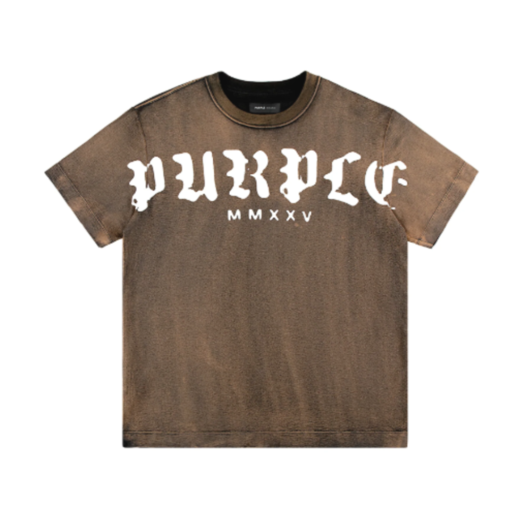 Purple Worn Gothic Wordmark Overdyed Tee - Brown